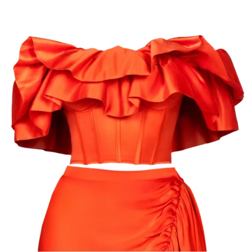 Sale!!! 24 HOURS ONLY Bfyne Vibrant Off-Shoulder Orange Ruffle Crop Top - Picture 2 of 7